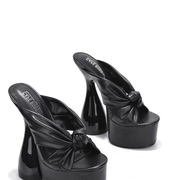 Black Platform Mule Heels with Sculptural Design - Picture 2 of 4